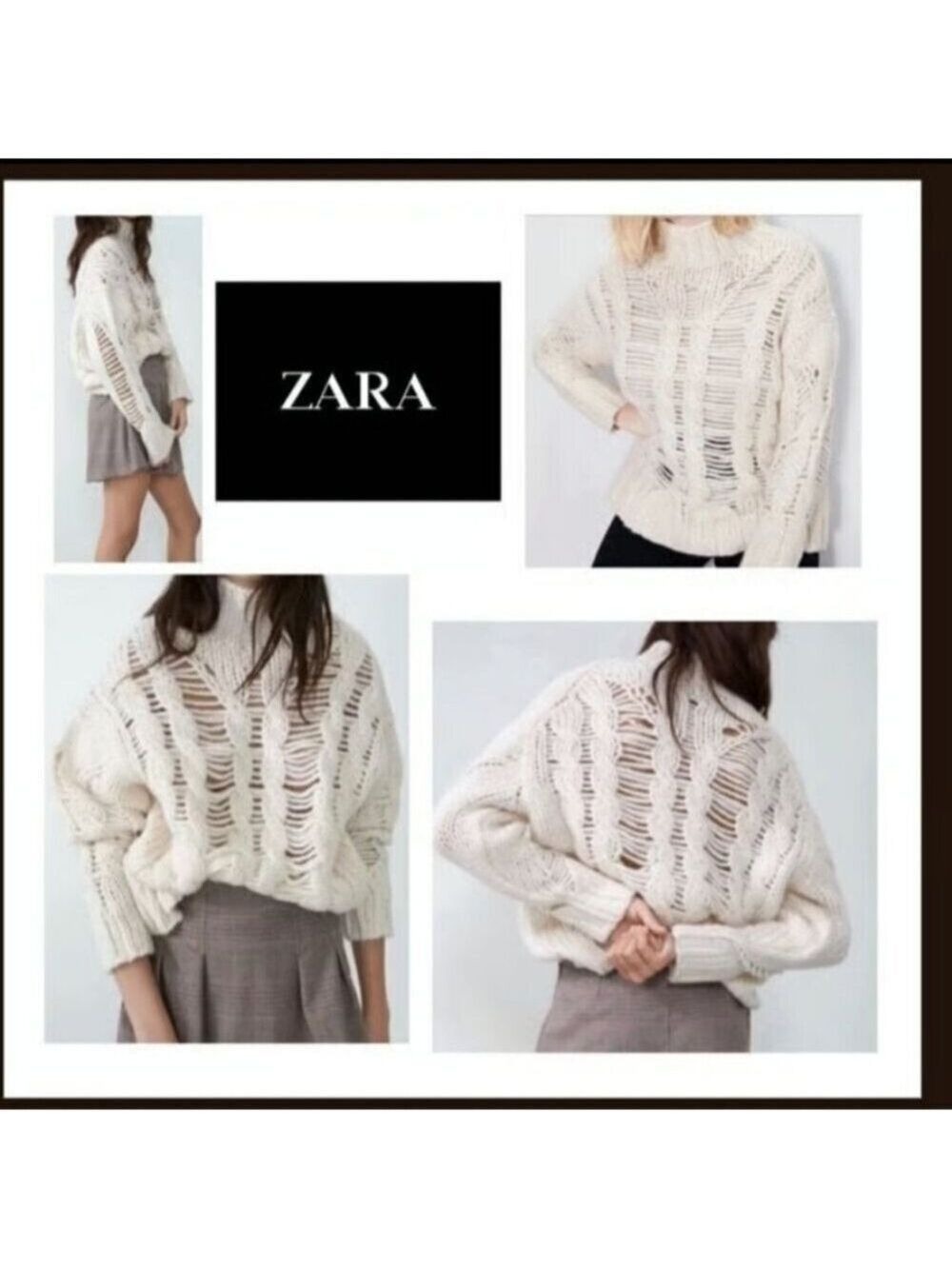 ZARA | Blogger Favorite Thick Cable Openwork Knit Turtleneck Sweater cream Sz S